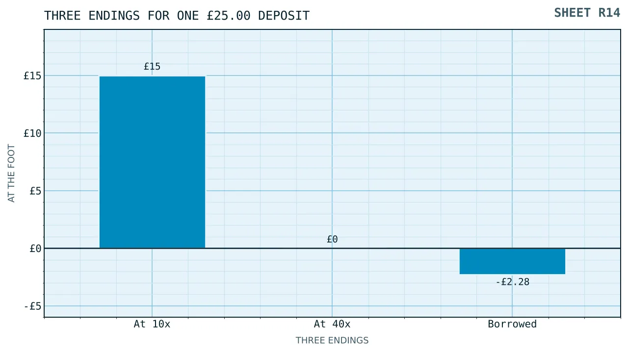 Three bars from one twenty five pound deposit: fifteen pounds expected at ten times, nothing at forty times, and a bar below the line at minus two pounds twenty eight where the money was borrowed for three months.